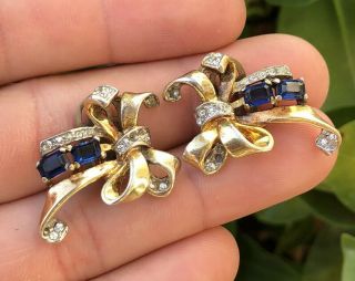 VTG CROWN TRIFARI ALFRED PHILIPPE STERLING SILVER SAPPHIRE BOW CLIP EARRINGS 2