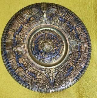 Vintage Hand Hammered,  Mayan/aztec Solid Copper Plate/wall Hanging 11.  5 "