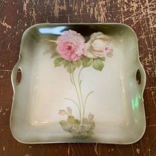 Antique Transferware Shallow Square Serving Bowl Pink Flower Made In Bavaria
