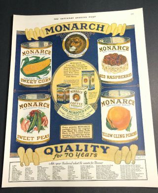 1927 Monarch Coffee Canned Food Ad Graphics Lion Logo Country S