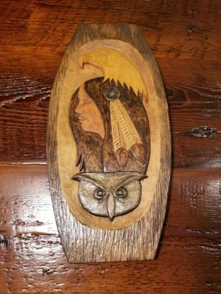 Native American Indian Art Carving Folk Bob Wicklin Wood Vintage Woman Eagle Owl
