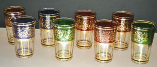 Vintage Set Of (8) Colored And Gold Gilded Juice / Cocktail Glasses
