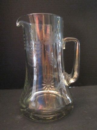 Antique Hand Blown Etched Glass Pitcher Etched Daisy Flower Applied Handle.  10 "
