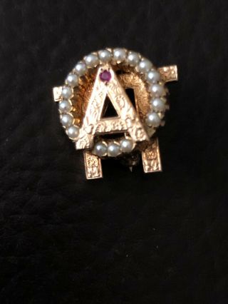 Alpha Omicron Pi Badge 10k Gold Pearls Rubies Vintage Sorority Pin Greek Society