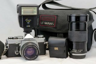 Vintage Olympus Om - 1 35mm Camera Kit W/50mm & 28 - 90mm Lenses,  Flash & Bag