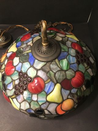 Vintage Tiffany Style Stained Glass Look Hanging Swag Lamp Fruit Design 17”