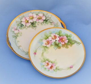 Set Of 2 Antique German Plates With Apple Blossom Gold Gilt Cake Salad Plate