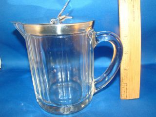Glass Syrup Pitcher With Metal Lid 5 1/2 " X 3 1/2 " Vintage Heavy Glass Large @2