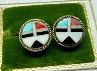 Vtg Sterling Silver Turquoise Coral Cuff Links Zuni Sunface Multistone Inlay I80