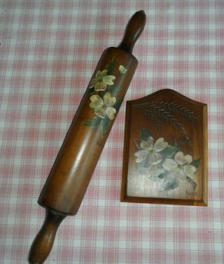 Vintage Wood Rolling Pin And Wall Plaque Hand Painted Farmhouse Kitchen Decor