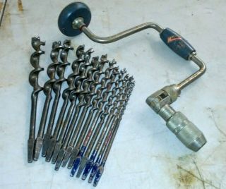 Vintage Stanley Handyman Brace Drill No.  1253 W/13 Irwin & Craftsman Brace Bits