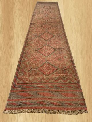 Antique Afghan Hand Woven Wash Mashwani Wool Kilim Runner Rug 11 X 2 Ft (770tt)