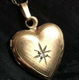 Vintage Estate 14k Gold Filled Diamond Heart Locket Pendant Necklace 18” Long