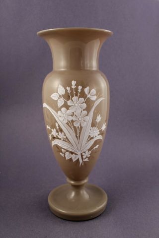 Antique Hand Blown & Painted Victorian Chocolate Bristol Glass Vase 10 3/8 " Tall