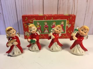 Vtg 50s Set Of 4 Ceramic Christmas Angel Figurines W/ Box Lefton Napco Era Japan