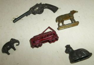 5 Vtg Metal Cracker Jack Toys Sheep,  Revolver Gun,  Rabbit,  Elephant & Cable Car