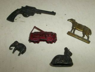 5 Vtg Metal Cracker Jack Toys Sheep,  Revolver Gun,  Rabbit,  Elephant & Cable Car 2