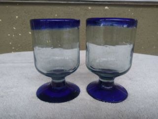 Mexican Hand Blown Cobalt Blue Rim Bases Wine Water Goblets Glasses 5 " Set Of 2