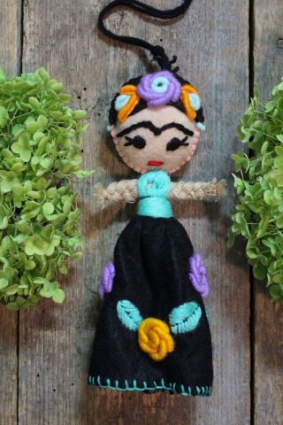 Frida Kahlo Felt Doll Hand Embroidered Ornament Mayan Chiapas Mexican Folk Art