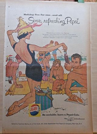 Full Page 1959 Newspaper Ad For Pepsi - Cola Soda - Bob Peak Art,  Beach Scene