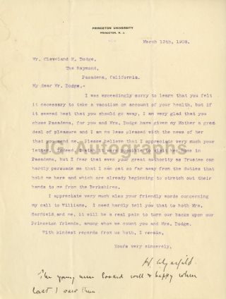 Harry A.  Garfield - Son Of President James A.  Garfield - Signed Letter,  1908