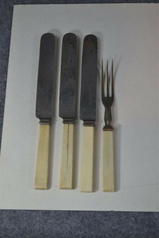 Flatware Knives Fork Steel Carved Cattle Bone Sharp 4 Pc Civil War Era 1800s