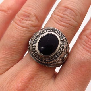 925 Sterling Vintage Black Onyx Us Air Forces " Spence Field " Pilot Ring Size 7.  5