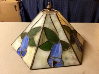 Vintage Stained Lead Glass Table Lamp Shade,  6 - Sided,  Floral - 11” X 13” X 6”