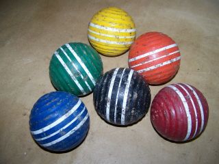 6 Vintage Ribbed 3 Stripe Wood Croquet Balls Striped Wooden Set