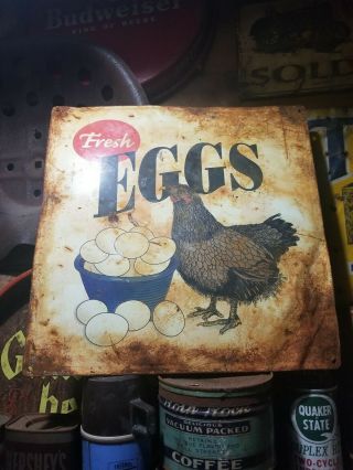 Old Vintage Tin Farm Fresh Eggs Sign Gas Station Tractor Barn General Store