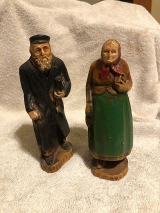 Vintage Antique Hand - Carved Wooden Man Woman Figurine Statues Jewish Estate