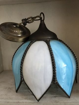 Vintage White Blue Tulip Flower Slag / Stained Glass Lamp Light Hanging Fixture