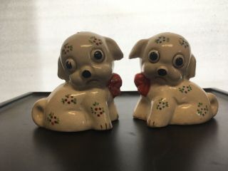 Vintage Hand Painted Puppy Dog Salt And Pepper Shaker Set Japan Big Eyed Hearts