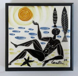 Vintage 1954 Mid - Century Modern Early Virgil Cantini Signed Ceramic Tile Framed
