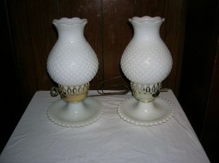 Vintage.  10 1/2 " Tall Hobnail Milk Glass Table Lamps