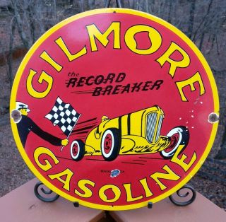 Old Vintage Gilmore Gasoline Record Breaker Porcelain Enamel Gas Pump Sign