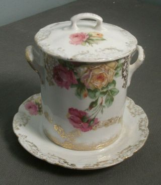 Vintage Condensed Milk Jar W/ Under Plate & Lid - Floral - Porcelain - 4 " T - Sb