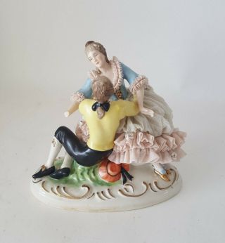 Antique Dresden Art Germany Hand Painted Lace Figurine Female & Male