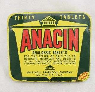 Vintage Anacin Medicine Tin Whitehall Pharmacal Company Ny,  Ny Usa