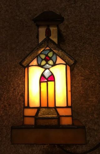 Tiffany Style Stained Glass Little Light Up Church Building Electric Lamp