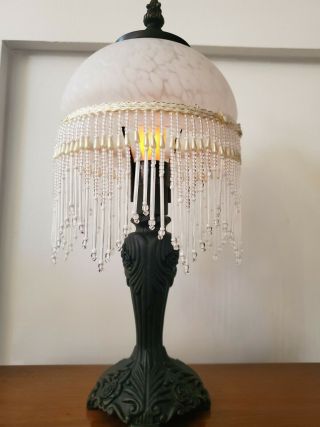 Vintage Victorian Style Table Lamp Frosted Glass Dome Beaded Tassels Boudoir