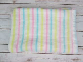 Vintage Thermal Acrylic Baby Blanket Pastel Stripe Blue Yellow Pink Satin Trim