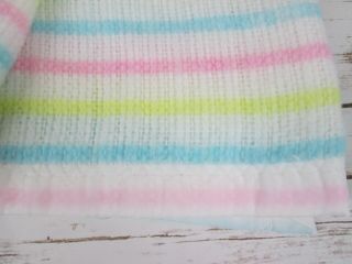 Vintage Thermal Acrylic Baby Blanket Pastel Stripe Blue Yellow Pink Satin Trim 2