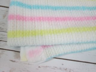 Vintage Thermal Acrylic Baby Blanket Pastel Stripe Blue Yellow Pink Satin Trim 3