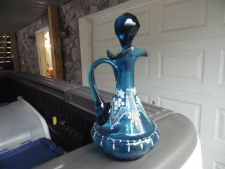 Gorgeous Antique Victorian Hand Enameled Cruet With Stopper / Blue 3