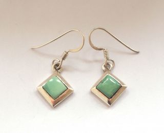 Stunning 925 Fine Sterling Silver Square Green Jade Stone Earrings Retro Vintage
