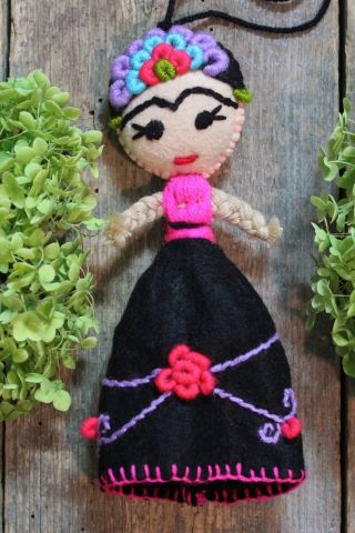 Felt Doll Frida Kahlo Hand Embroidered Ornament Mayan Chiapas Mexican Folk Art