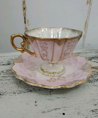 Sterling China Japan Tea Cup/saucer Pink White Gold Trim Floral Lusterware