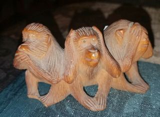 Rare Vintage Hand Carved Wooden 3 Monkeys Hear See Speak No Evil Signed