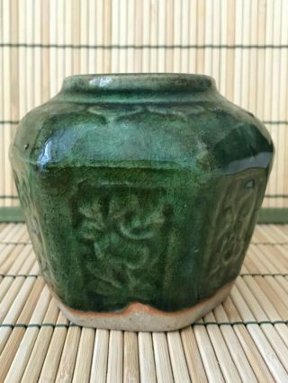 Antique Chinese Green Glazed Hexagonal Ginger Jar With Floral Design